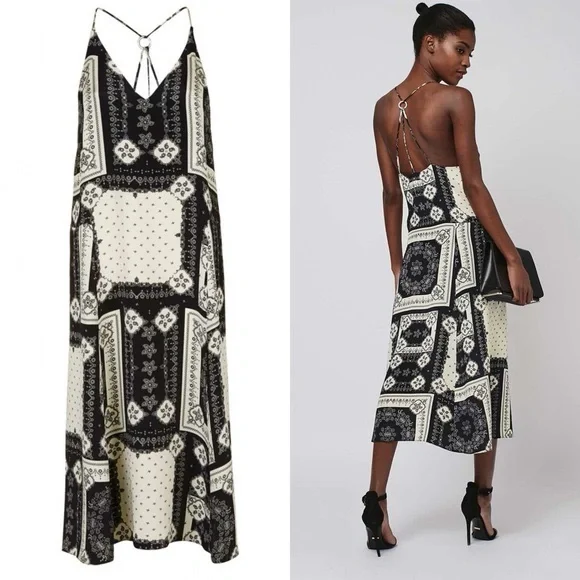 NWOT TOPSHOP black & white paisley midi faux satin dress - Picture 1 of 8
